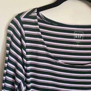 NWT GAP | Women's Long Sleeve Striped Tee - Dark Green and Light Pink